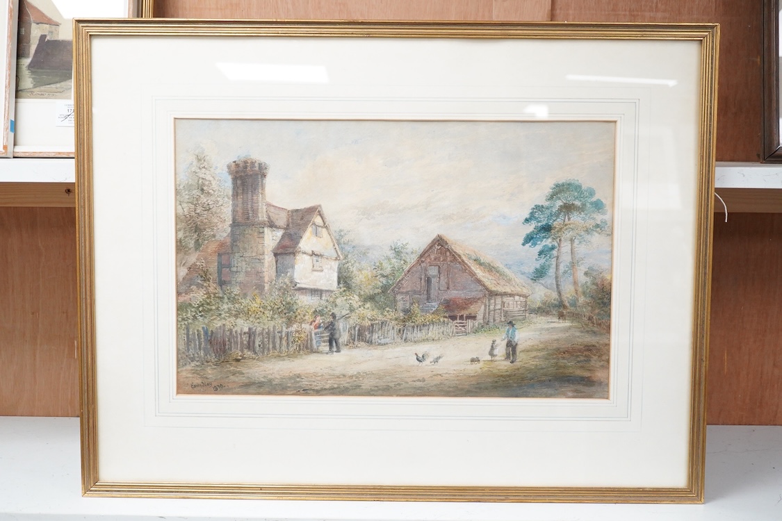 Victorian School, Farmhouse and barn with figures, a child and cattle, signed 'Emily May' and dated 1879, watercolour, 29 x 47cm
